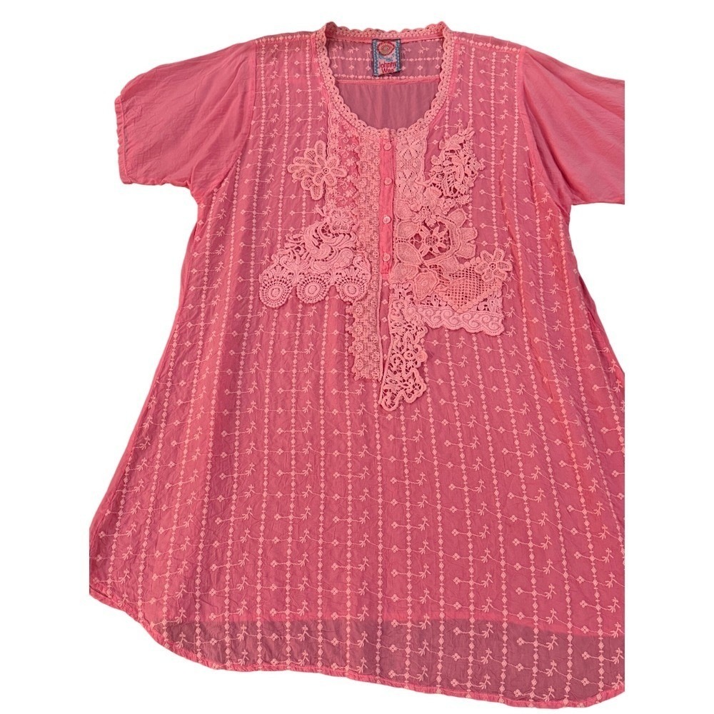 Johnny Was Pink Embroidered Lace Applique Tunic‎ Top Size M Boho Short Sleeve